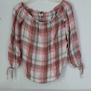 Cupio Pink White Gray Plaid Pheasent 3/4 Quarter Sleeve Off Shoulder Top Size M